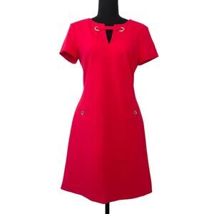 Tommy Hilfiger Scuba Crepe Grommet Button Pocket Red Dress  V-neck Size 6